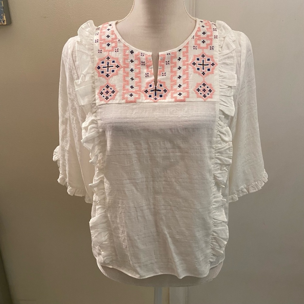 LIKE NEW! Madewell Cassia Embroidered Ruffle White 3/4 Sleeve Blouse